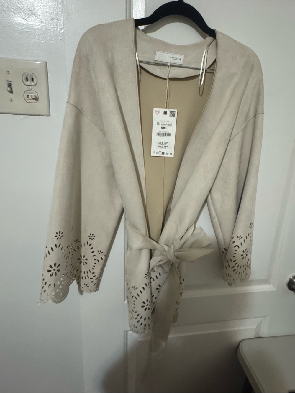 Zara Beige Tie-Waist Laser-Cut Suede Jacket